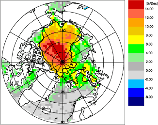 spatial distribution of trend in cloud cover