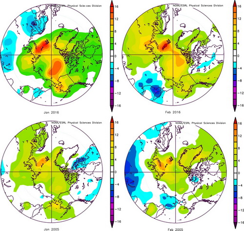January and February  surface air temperature anomaly over the Arctic
