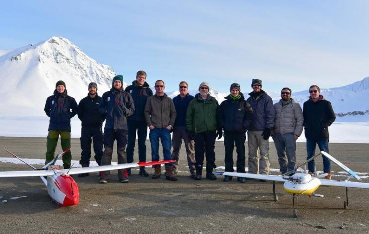 Kjell-Sture Johansen (NORUT), Dan Mock (AUV), Andreas TØllefsen (NORUT), Rune Storvold (NORUT), Scott Stalin (PMEL), Nick Delich (PMEL), Jim Johnson (PMEL), Hagen Teig (ESRL),Brad Hooper (AUV), Tej Dhakai (LDEO), and Scott Brown (LDEO) with partner groups after the final mission. Photo credit: Kjell-Sture Johansen