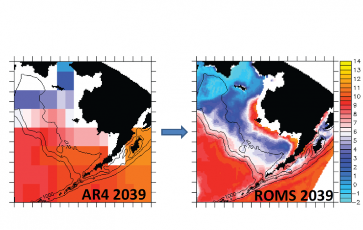 Dynamical downscaling of the global model (left) resolves finer scale features on the Bering Sea Shelf (right) viewable through the Alaskan Ocean Observing System website. 