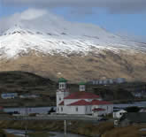 View of Dutch Harbor, Alaska. The church shows an historic Russian influence. Photo by C.Dewitt