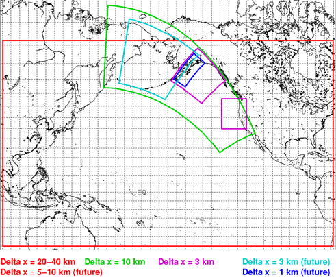 Spatially nested ROMS domains for the North Pacific.