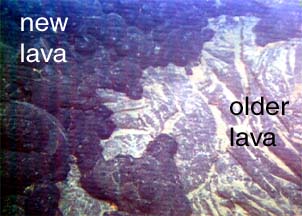 seafloor photo of old and new lava