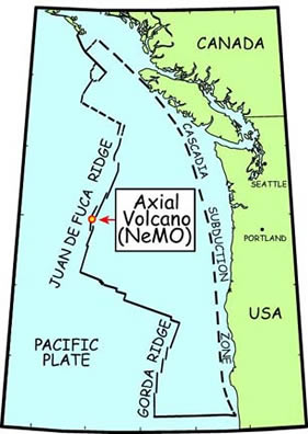 site map showing Axial volcano relative to USA and Canada
