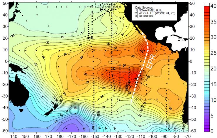 Map of d3He (%) for the Pacific Ocean basin contoured on a surface at 2500 m depth.