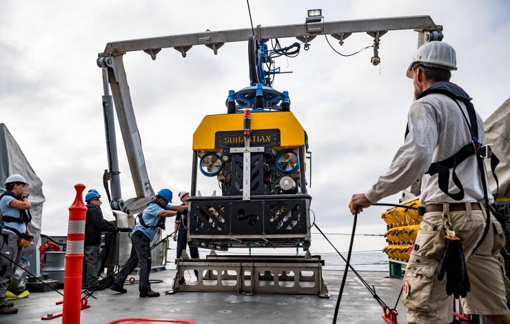 Image of ROV Subastian being recovered from the ocean