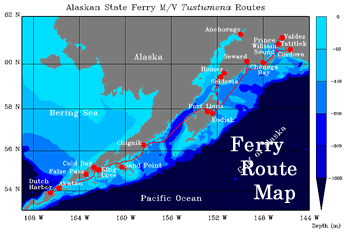 Gulf of Alaska map showing Ferry routes and water depths.