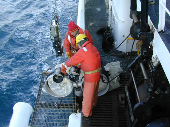 Deploying a Bongo Plankton net and CTD from the Miller Freeman