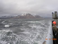 Rough waters, wave and splash  on the route to Shelikof Strait.
