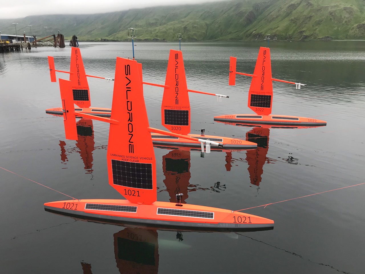 Four saildrone readied for launch in Dutch Harbor, AK.