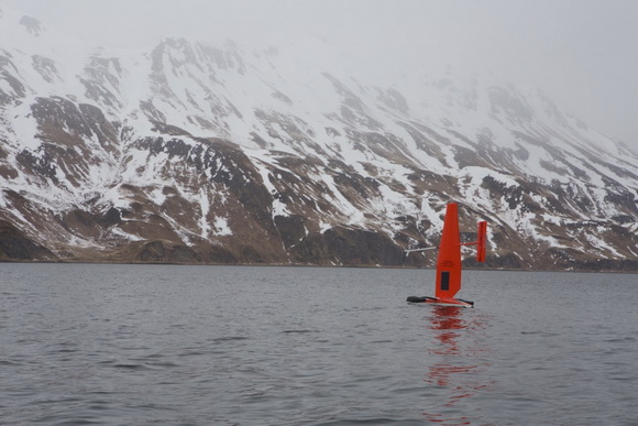 Launch of a Saildrone in Dutch Harbor, AK.  Photo courtesy of Saildrone, Inc.