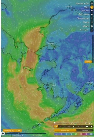Image capture of the winds from Windy.com 10 JUL 18 in the Bering Sea
