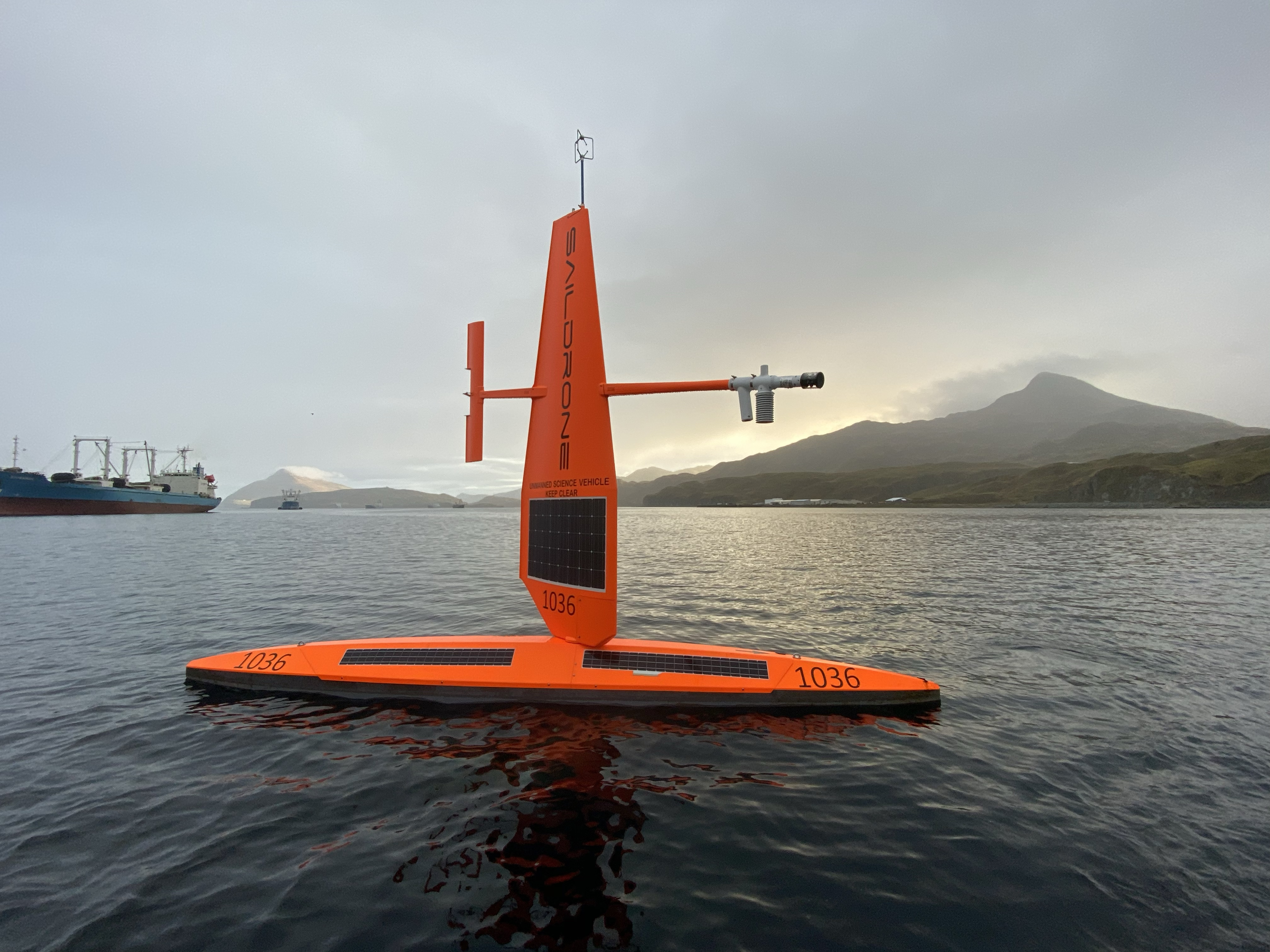 A saildrone is recovered in Dutch Harbor, AK after the 2019 NOAA Arctic missions