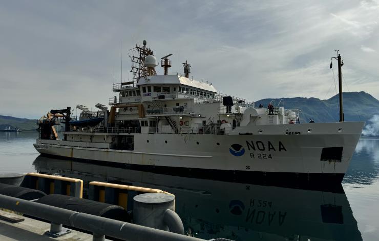 NOAA vessel departing from the dock in Alaska
