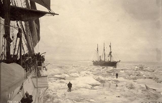 The U.S. Revenue Cutter Bear and an unidentified whaling ship contend with the sea ice in the Alaskan Arctic. Credit: New Bedford Whaling Museum Jarvis Collection.