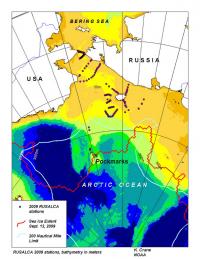 RUSALCA 2009 map of stations and sea ice minimum extent