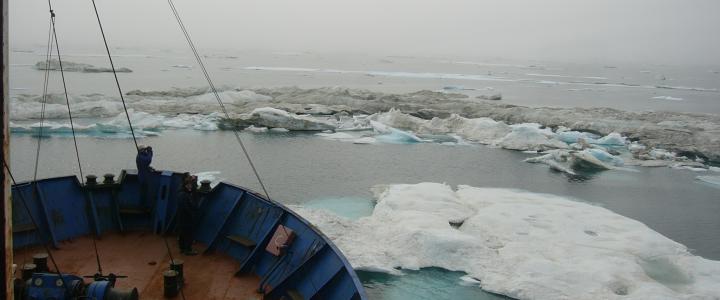  Russian Vessel Khromov picks its way through dirty ice near Herald Island. [Photo: K. Wood] 