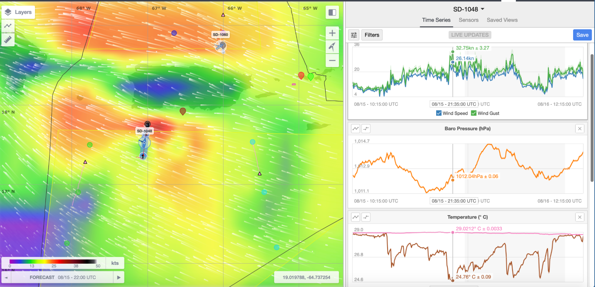 Locations of SD-1048 (south of Puerto Rico) and SD-1060 (north of Puerto Rico) and surface wind conditions at 15:00 UTC.