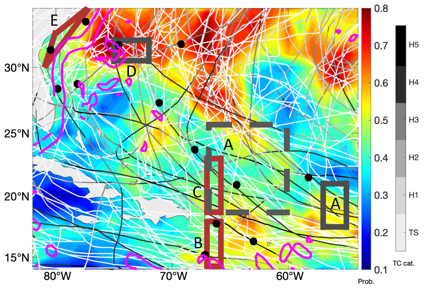 Map of the western Atlantic Ocean showing various data, tracks, and observational areas