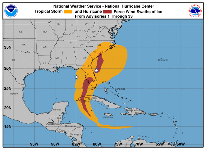 Map of approximate location of saildrones relative to the track of Hurricane Ian