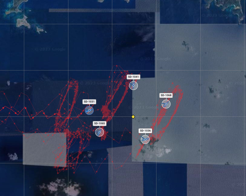 Map of 5 saildrone locations in the ocean and their tracks