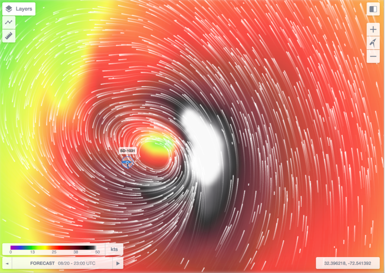 The position of  SD-1031 relative to Tropical Storm Henri. The white lines illustrate wind direction and the color is wind speed, which exceeds 50 knots east of the storm’s center. The data from the saildrone will be used to advance understanding tropical cyclone ocean-atmosphere interaction with the goal of improving intensity forecasts.