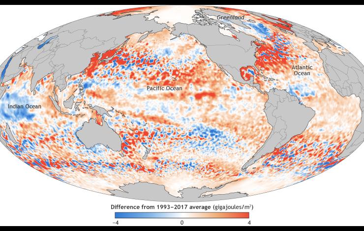 Global ocean heat content map in 2017 and change over time
