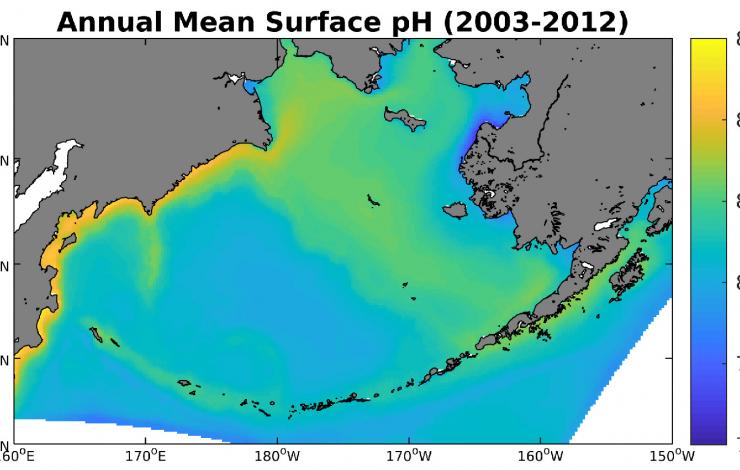 Modeled annual mean surface pH over the 2003-12 timeframe.