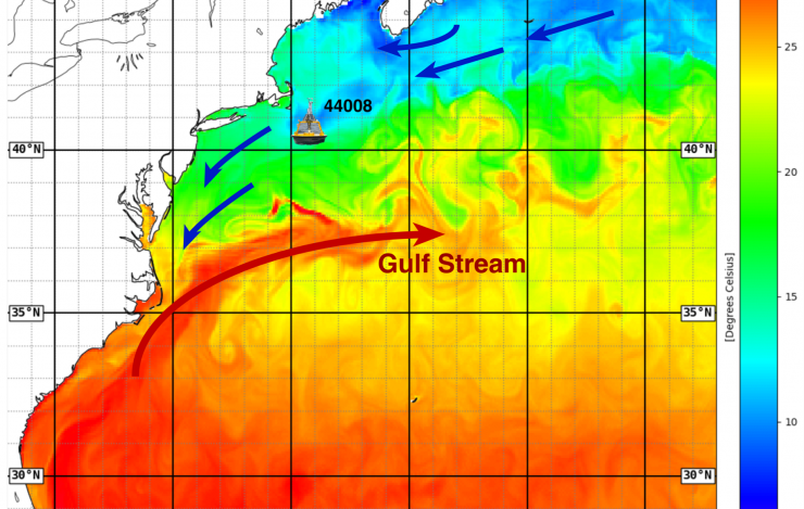 Map of approximate location of the enhanced NDBC 44008 weather buoy, with colorful overlay of analysis of sea surface temperature
