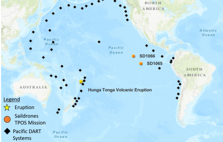 Global map showing 56 diamond icons around the rim of the Pacific Ocean with two orange circles showing saildrone locations along the equator near South America