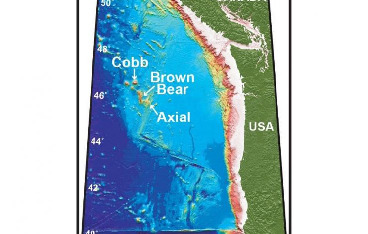Bathymetric chart of Axial Seamount, located ~5000 ft below the ocean surface and ~250 mi west of Newport, Oregon. Axial Seamount hosts a variety of geophysical sensors that are part of the Ocean Observatory Initiative (OOI) Cabled Array.