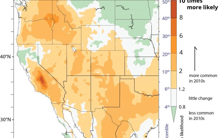 Map of western US, mostly orange shadings, indicating regions of nights with dry fuels predisposed to burning has increased