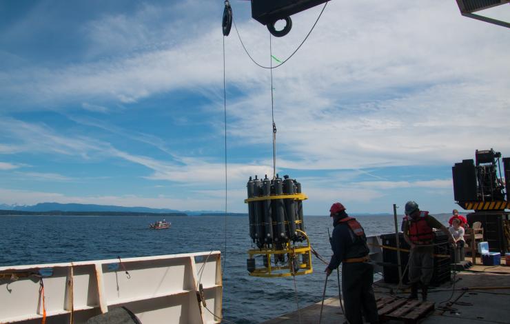 CTD (Conductivity-Temperature-Depth) Rosette Deployment during the West Coast Ocean Acidification Cruise in 2016. Photo Credit: Meghan Shea