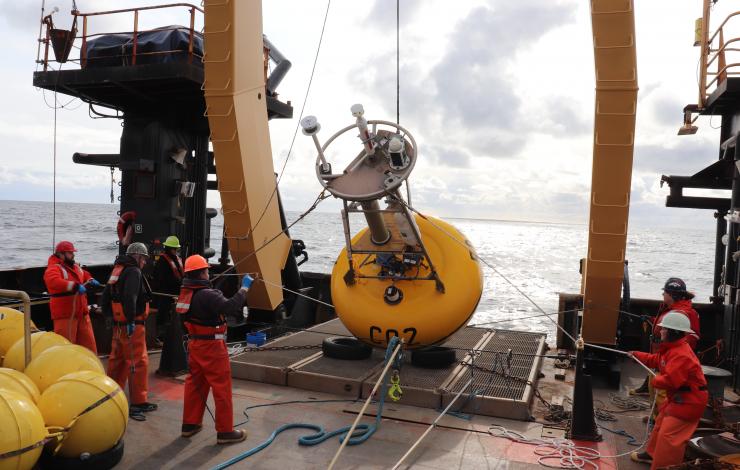 Yellow surface buoy being pulled up on to the back deck of a NOAA Ship by crew and scientists in life jackets. 