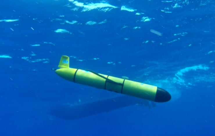 Picture of a Teledyne Webb Research Slocum glider equipped with a hydrophone to record ocean sound. 