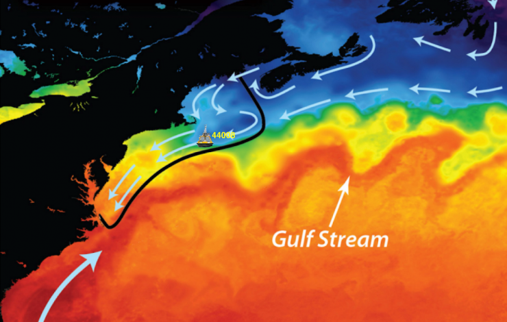 Summertime SST pattern overlaid on map showing location of NDBC 44008 weather buoy