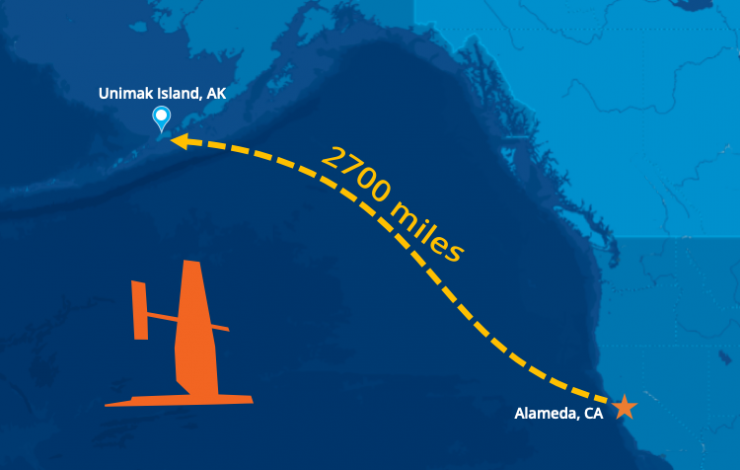 Map showing the 2700 miles travelled by saildrones from Alameda, California to Unimak Pass in Alaska