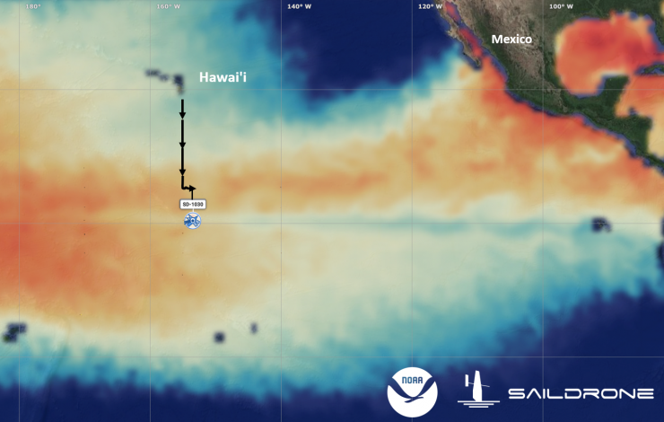 Map with red-blue color bar with a black line showing the straight south route of the drones