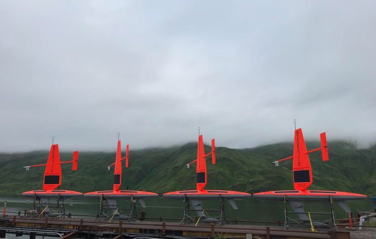 Four saildrones ready for deployment in Dutch Harbor, Alaska. 