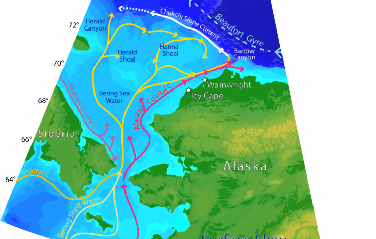 Map of Alaskan waters showing various branches of the flow in the Chukchi Sea and along the slope. 