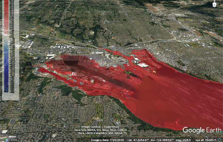 Two model simulations for a test tsunami scenarios for Bellingham and Tacoma, WA. The forecast models is from a M9.0 scenarios of Cascadia Event 3 hours after event showing wave amplitude in red. 