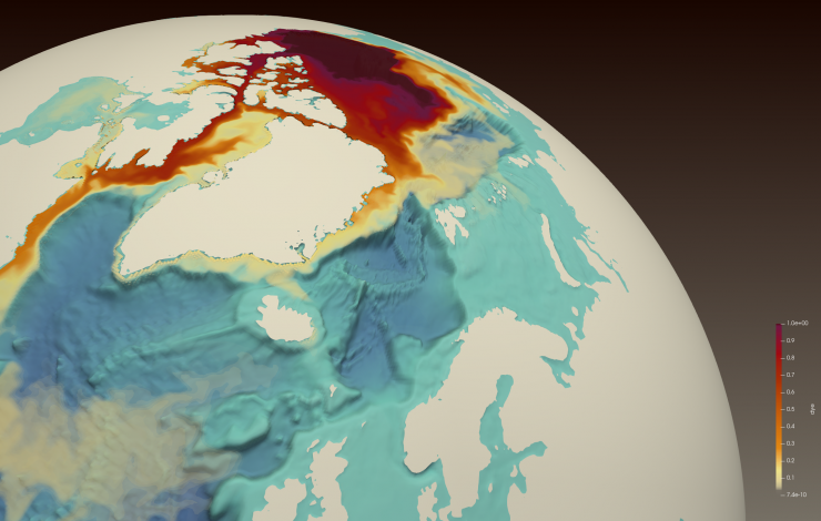 Map of the North Atlantic Ocean and Arctic of a simluation showing high salinity in red in the Arctic through the Canadian Arctic Archipelago