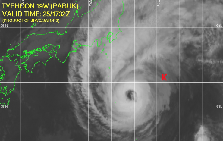 satellite image of Typhoon Pabuk passing over the KEO mooring