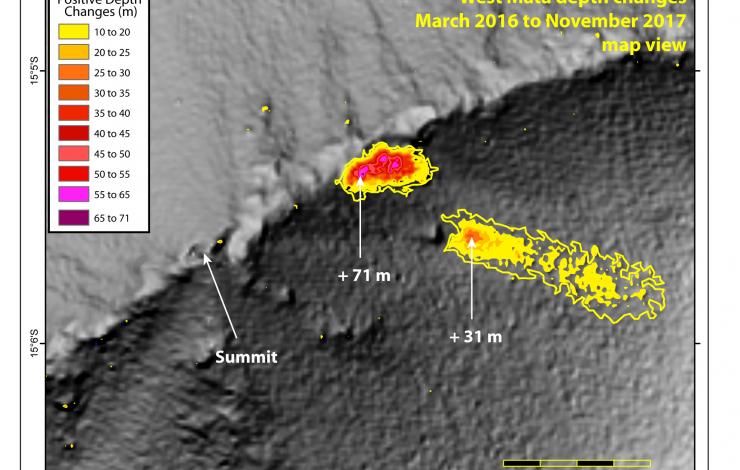 Visual of depth changes between bathymetric surveys in 2016 and 2017 reveal two large volcanic cones and associated deposits near the volcano's summit.