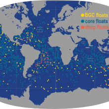 Global map with thousands of orange, yellow and blue dots highlighting the three different types of Argo floats in the ocean