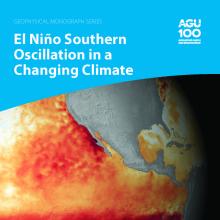 Book cover of "El Nino Southern Oscillation in a Changing Climate" with an image of the Pacific Ocean and the US with a red band along the equator and along the US Southwest Coastline representing warmer than normal temperatures
