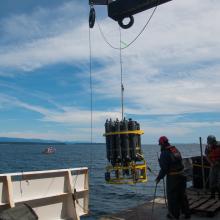 CTD (Conductivity-Temperature-Depth) Rosette Deployment during the West Coast Ocean Acidification Cruise in 2016. Photo Credit: Meghan Shea
