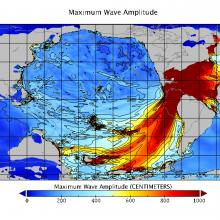 Global map showing a deep red swath that represents close to 1000 centimeters wave amplitude over the Yucatan Peninsula filling what is now the Atlantic Ocean and southeast Pacific Ocean