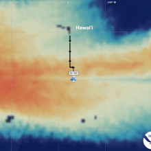 Map with red-blue color bar with a black line showing the straight south route of the drones