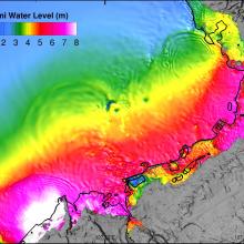 Example of tsunami inundation simulation shows model amplitudes during tsunami flooding computation at Okinawa study site, 57 min:15 sec after generation by a local earthquake source. 